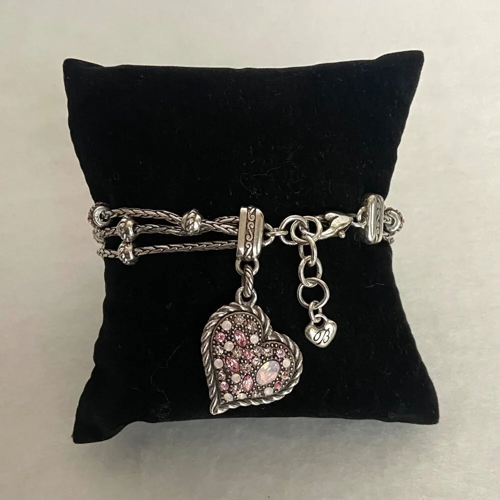 Brighton Power Of Pink Crystal Heart Charm 3 Strand Breast Cancer Bracelet
